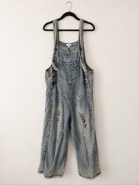 Easel Los Angeles Distressed Acid Wash Denim Overalls